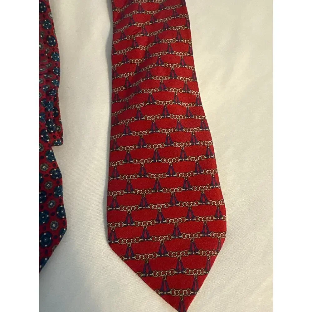 Fumagalli’s‎ Vintage 100% Silk Red Preppy Chain Floral Lot of Ties